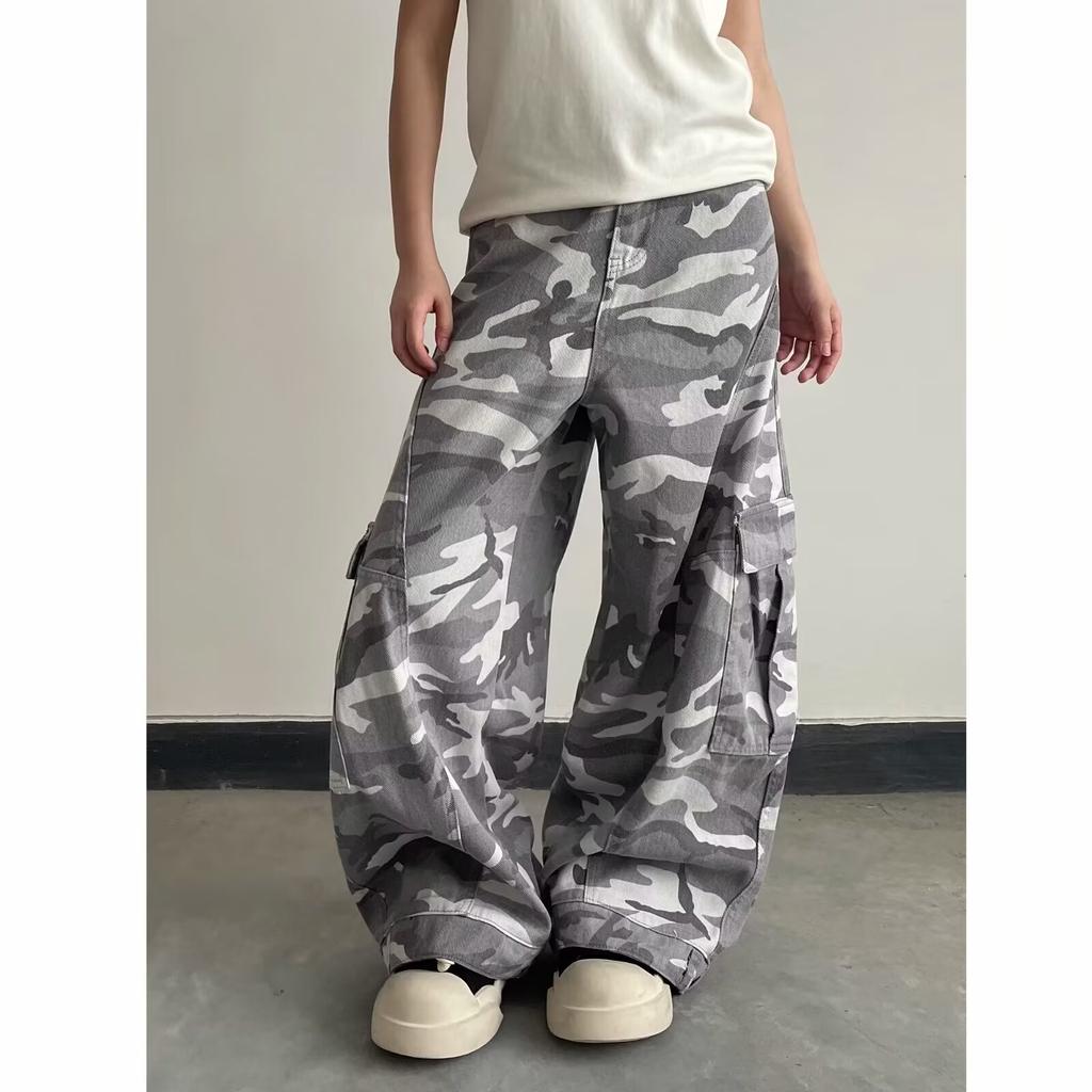 American Retro Camouflage Micro-pull Overalls Men's Spring and Autumn Vibe Straight-leg Pants Year Loose Jeans