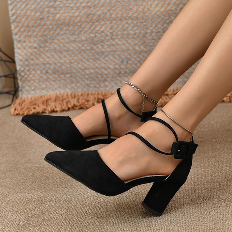 Wiosenne i letnie obuwie Klamra Spiczaste buty Zamszowe sandały na grubym obcasie Pojedyncze buty.