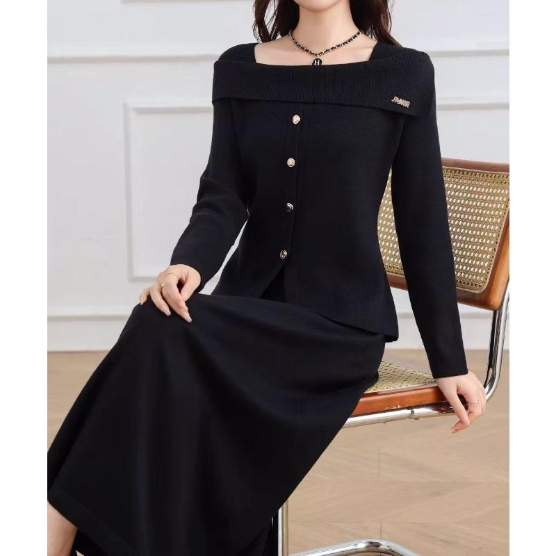 Elegant wind one-word shoulder knitted sweater skirt set women's autumn and winter new temperament thin sweater two-piece set