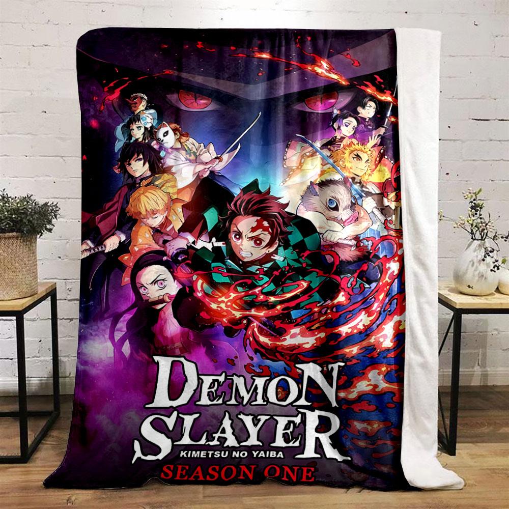 An anime-style ensemble with fiery sword motifs and intense red eyes backdrop. for all seasons blanket lunch break throw gift