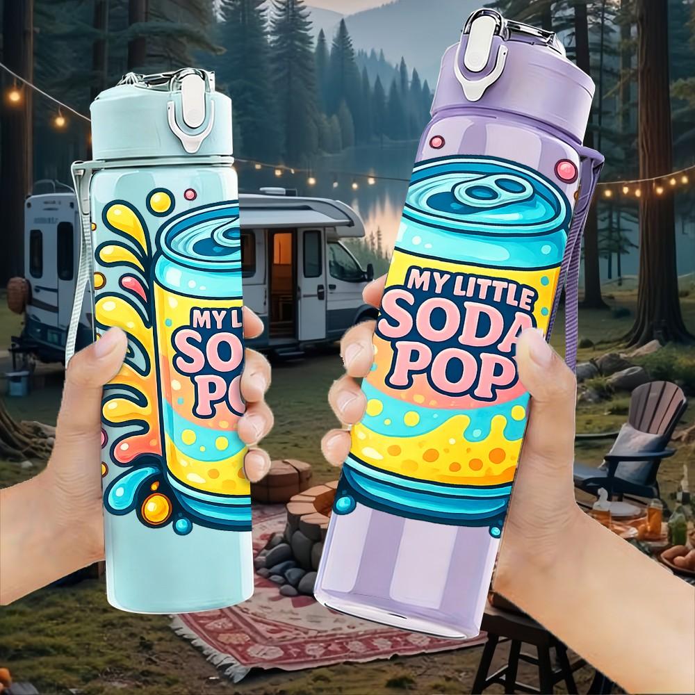 1PC Soda Pop Can Burst Cartoon Print 750ml Color Plastic Sports Water Bottle Leakproof Flip Straw Lid Suitable for Sports Office Home Use