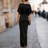 Women's Fashion Round Neck Short Sleeve Long Dress Satin Fabric Elegant Evening Gown Casual Loose Fit Full Length Maxi Dress