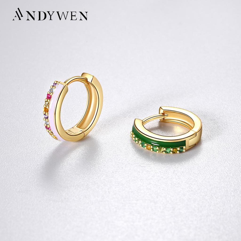 ANDYWEN 925 Sterlingsilber Gold Einzelner Zirkonia Pavé Huggies Emaille Lila Grün Kreis Damen Hochzeitsgeschenk Juwelen