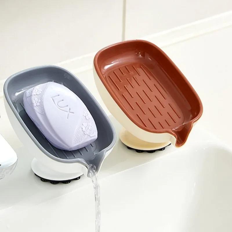 Multi Functional Suction Cup Soap Storage Rack with Drainage Holes Household Light Luxury Bathroom Soap Box Bathroom Supplies