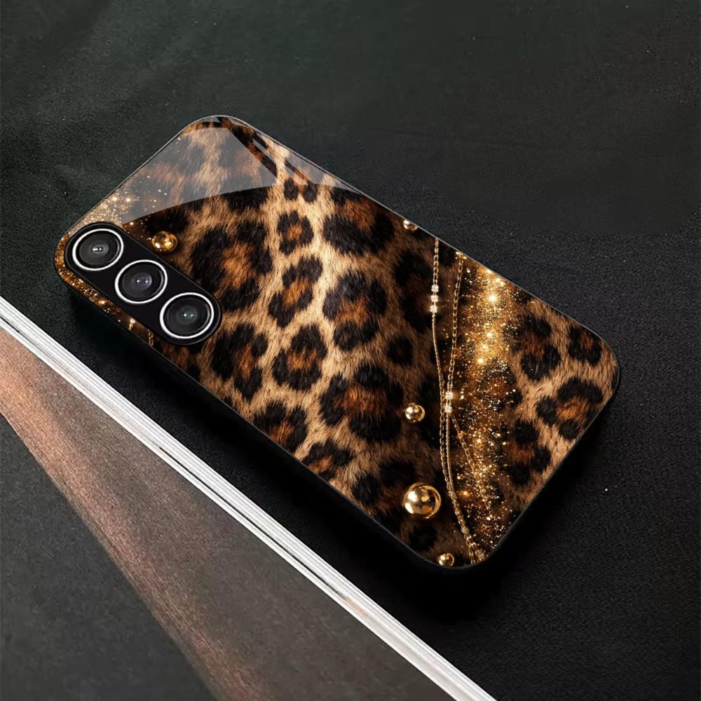 Dark Leopard Print Pattern PhoneCase Glass PhoneCase for Samsung Galaxy S26 S25 S24 S23 S22 FE Ultra Plus Scratch Proof Smooth