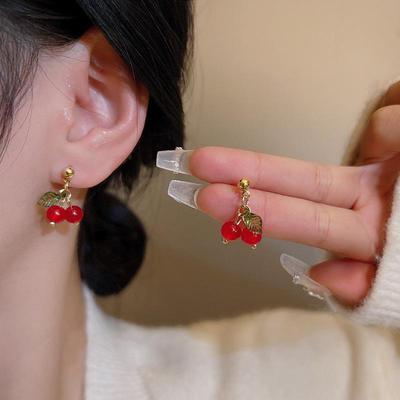 Elegant Cherry S925 Silver Stud Earrings - Versatile, Fashionable Fruit Style for Girls' Beautiful Temperament