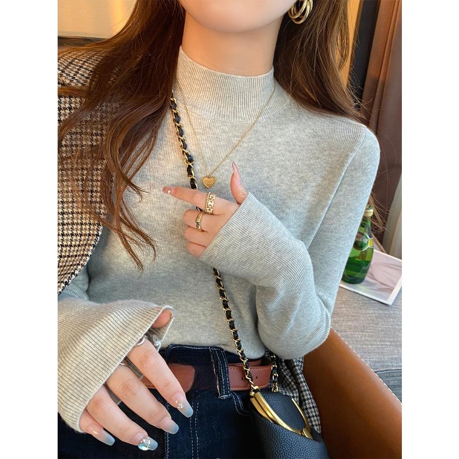 Sweater Women Solid Autumn Winter Mid Neck Basic Pullover Soft Half High Collar Long Sleeve Knit Pullovers Tops