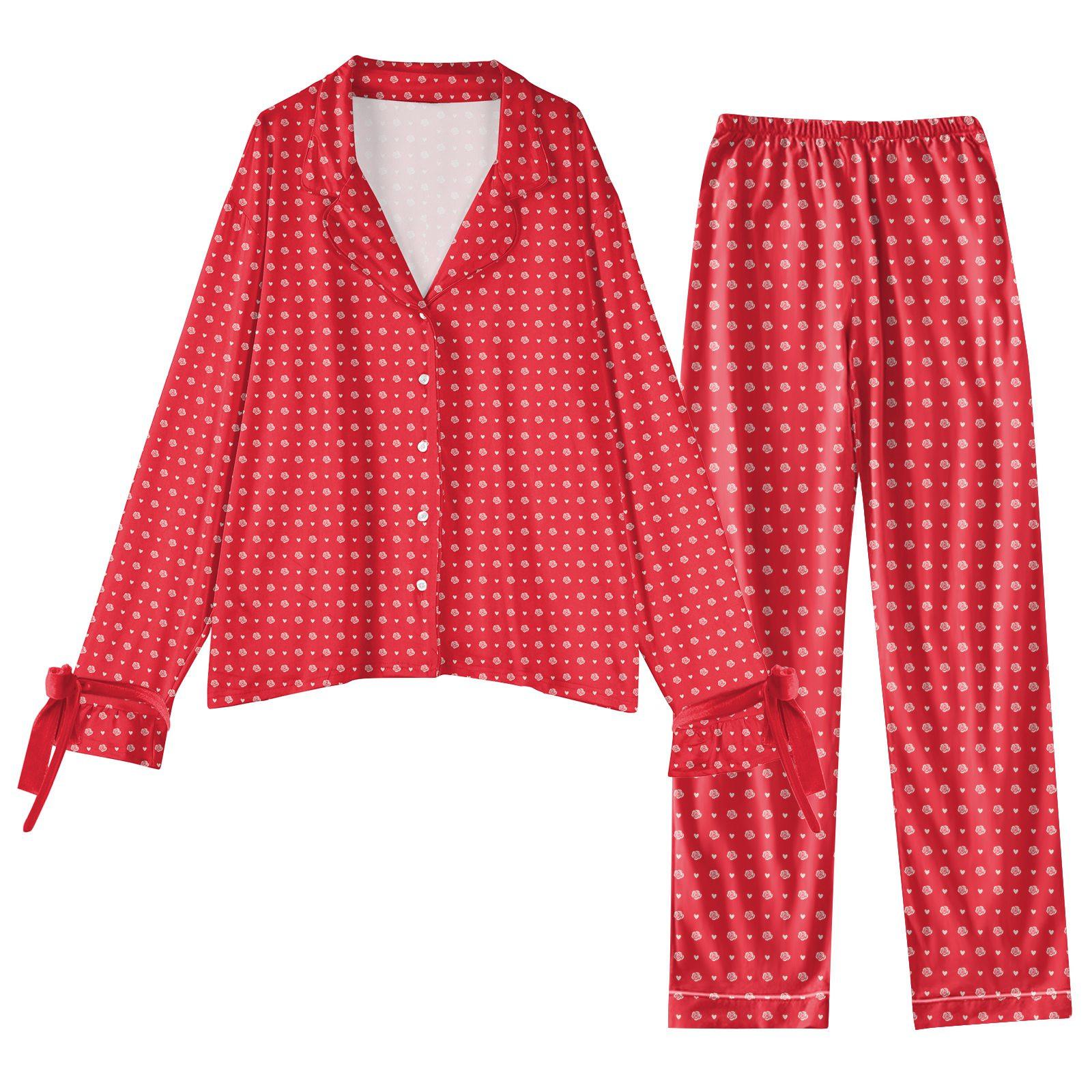 

Женский костюм из 2 предметов с принтом, топ на пуговицах с длинными рукавами, широкие брюки, комплект, пижамный домашний повседневный костюм XL красный