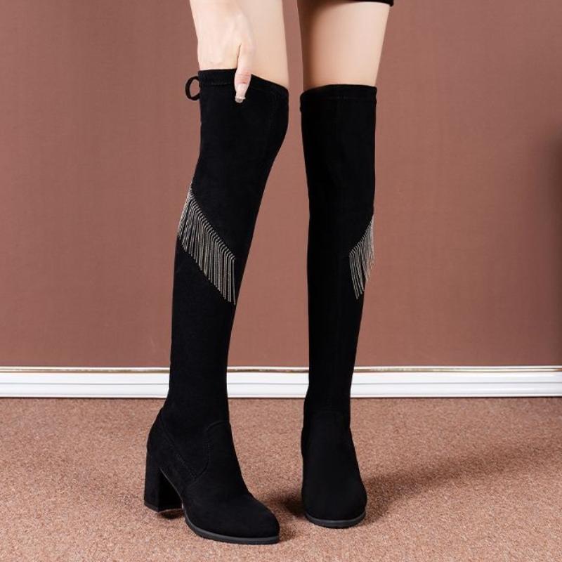 Fashion Black Round Toe Tassel Elegant Heeled Above Over The Knee Shoes Woman Autumn Winter Warm Cosplay Sale Thigh High Boots for Women