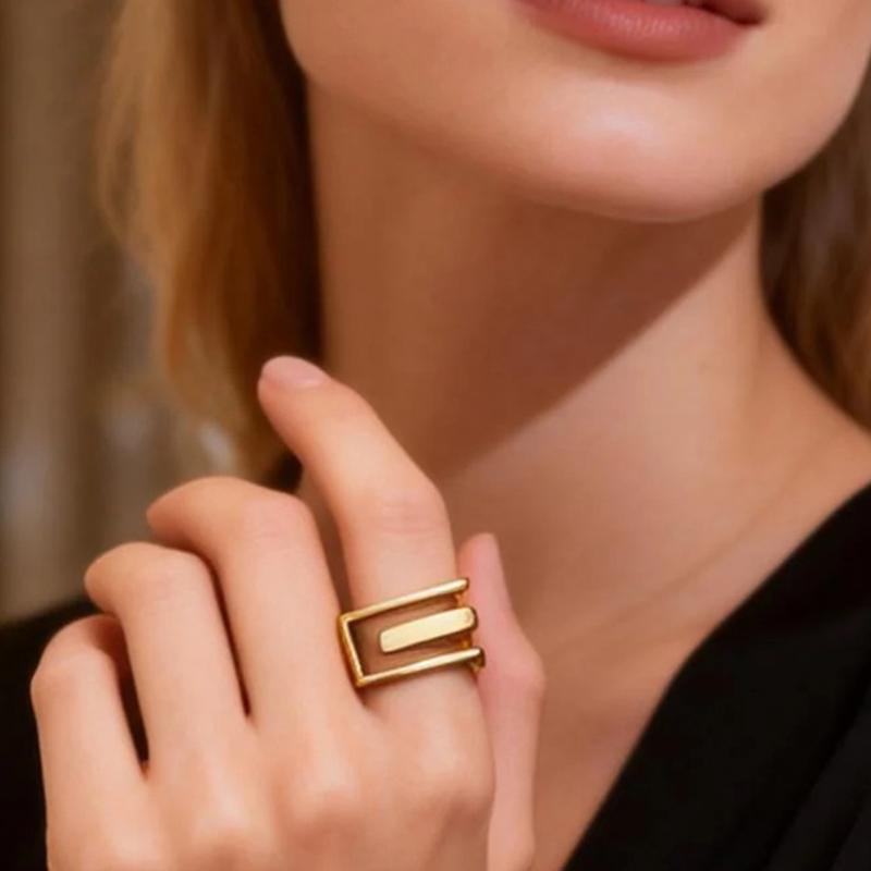 Creative Stainless Steel Rectangular Geometric Adjustable Rings for Women Luxury Metal U-Shaped Line Hollow Ring Party Jewelry