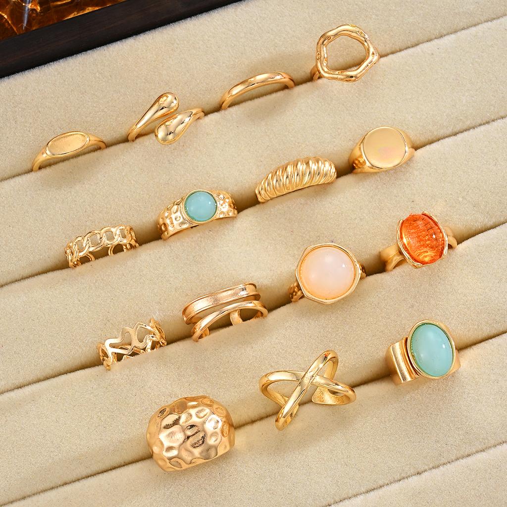 15Pcs/Set Vintage Luxury Irregular Metal Open Ring for Women Men Boho Colorful Acrylic Rings Elegant Daily Party Jewelry Gifts