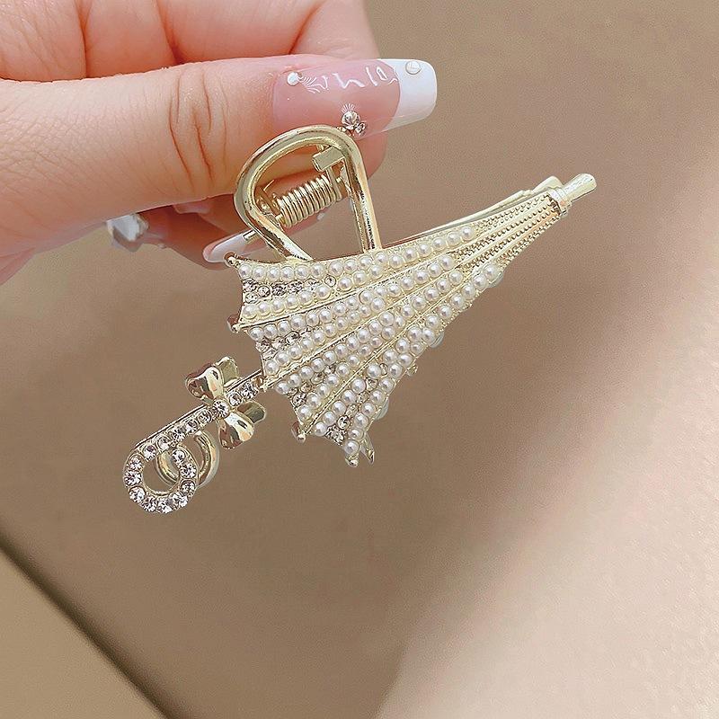 Fashion Bow Pearl Rhinestone Flower Grab Clip Temperament Half Tie Hairpin Disc Hair Shark Clip