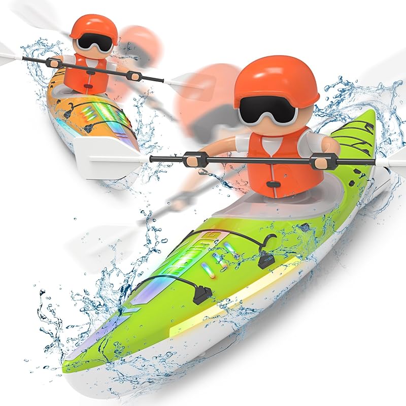 RC Kayak Boat W/Colorful LED Light for Kids, Innovative Realistic Paddling Design,2.4 Ghz Remote Control Boat Toy, Never Capsize for Lake,