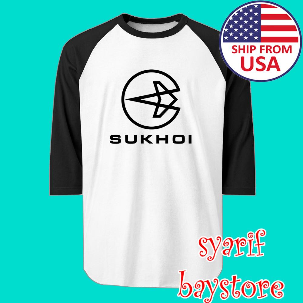 

Sukhoi Russian Aircraft Airways Men#039;s Raglan White Black Size S to 2XL Unisex T-Shirt XXXL
