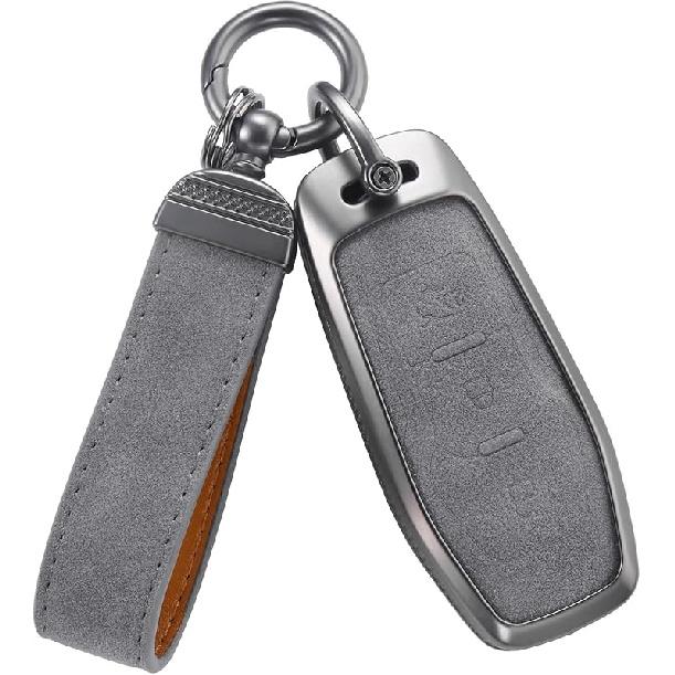 YO&YOYE Compatible With Ford Key Fob Cover With Keychain Leather Key Case Protector (Model3, Grey)