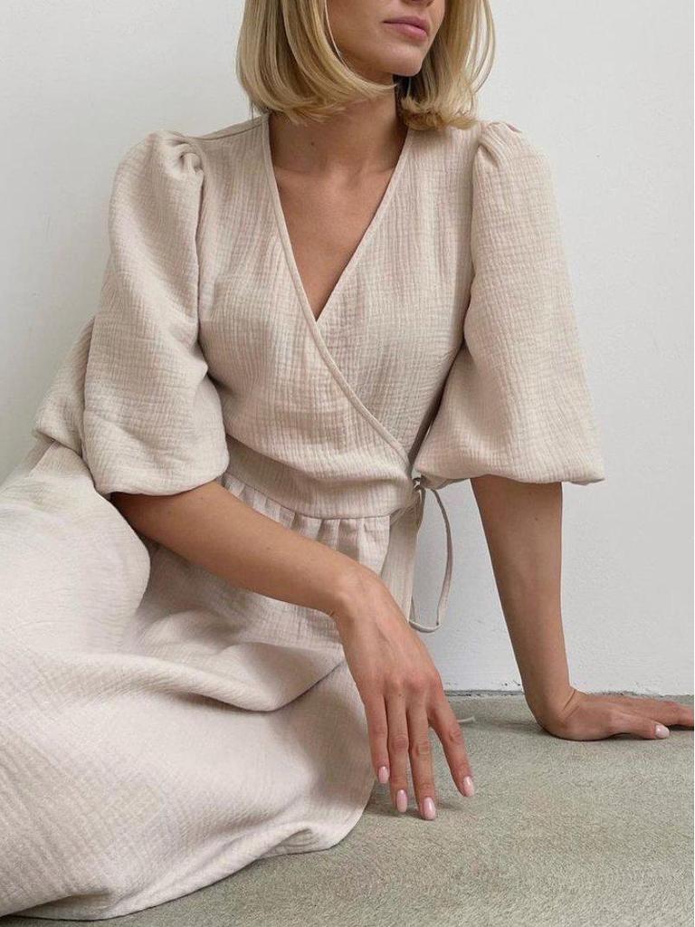 V-Neck Puff Sleeve Solid Color Long Dress – French Style Women's Fashion