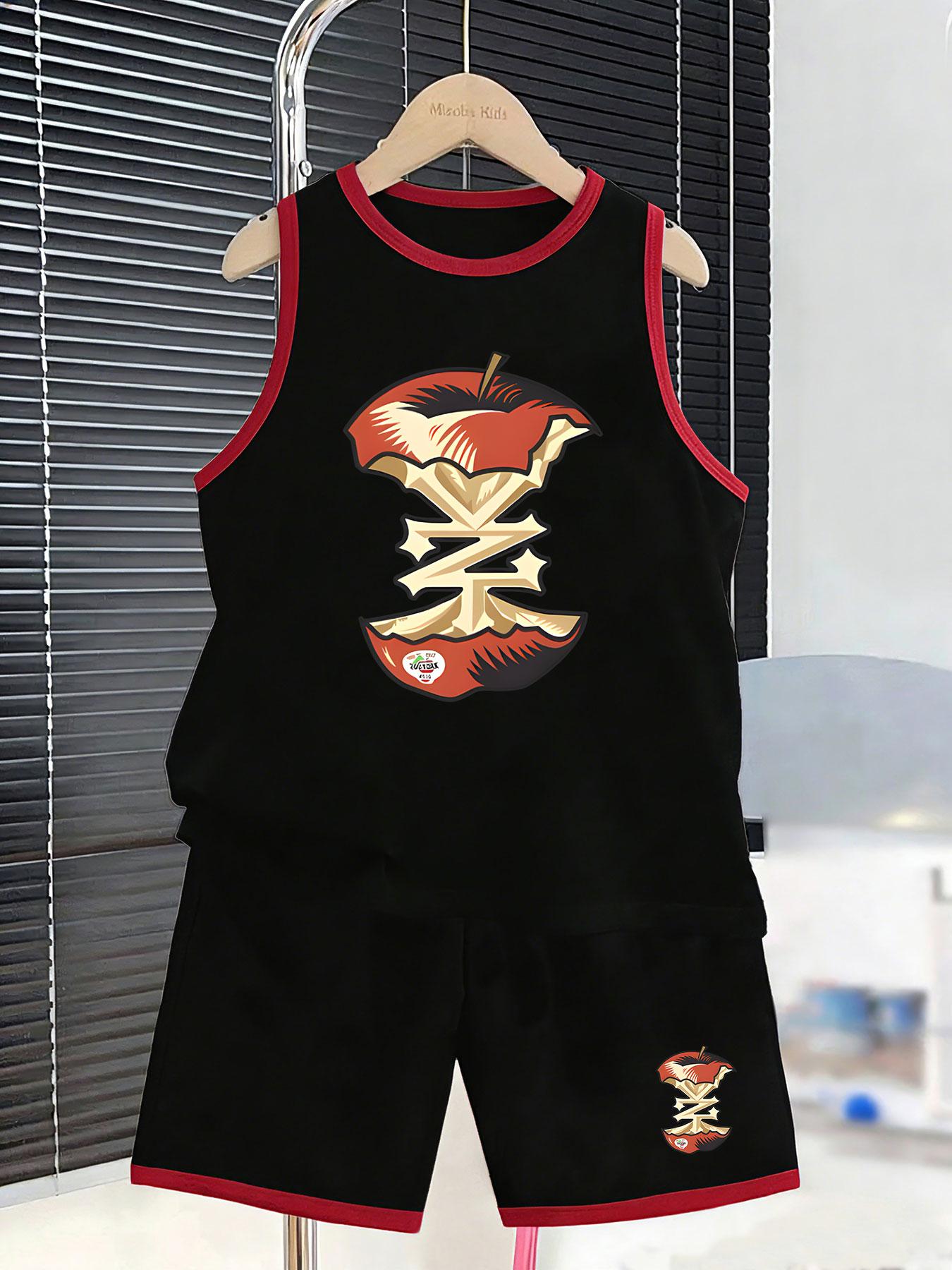 

Boys creative apple bite letter graphic outfit. Stylish minimalist print, comfy breathable fabric for street casual fashion. 2-3Y
