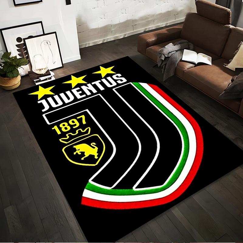 Juventus Logo Black Rug with Striped Border Non-slip Rug Suitable for Living Room and Bedroom Sofas