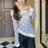 Vintage Plaid Irregular Slim T-shirts Women's Clothing Slash Neck Lace 2025 Autumn Asymmetrical Fashion Off Shoulder Pullovers