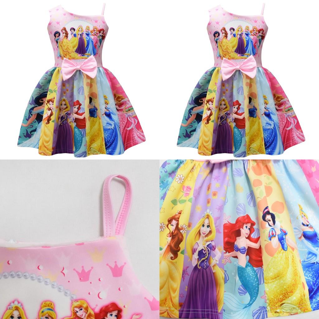 Vestito Bambina Principesse Disney Con Fiocco Misto Cotone Per Primavera Estate Età Da 3 A 8 Anni
