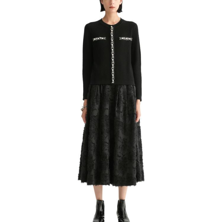 Karl Lagerfeld Commuter Outdoor Casual Lightweight Luxury Pearl Lace Round Neck Single-Breasted Knit Sweater Women Sweater Black E36W2013