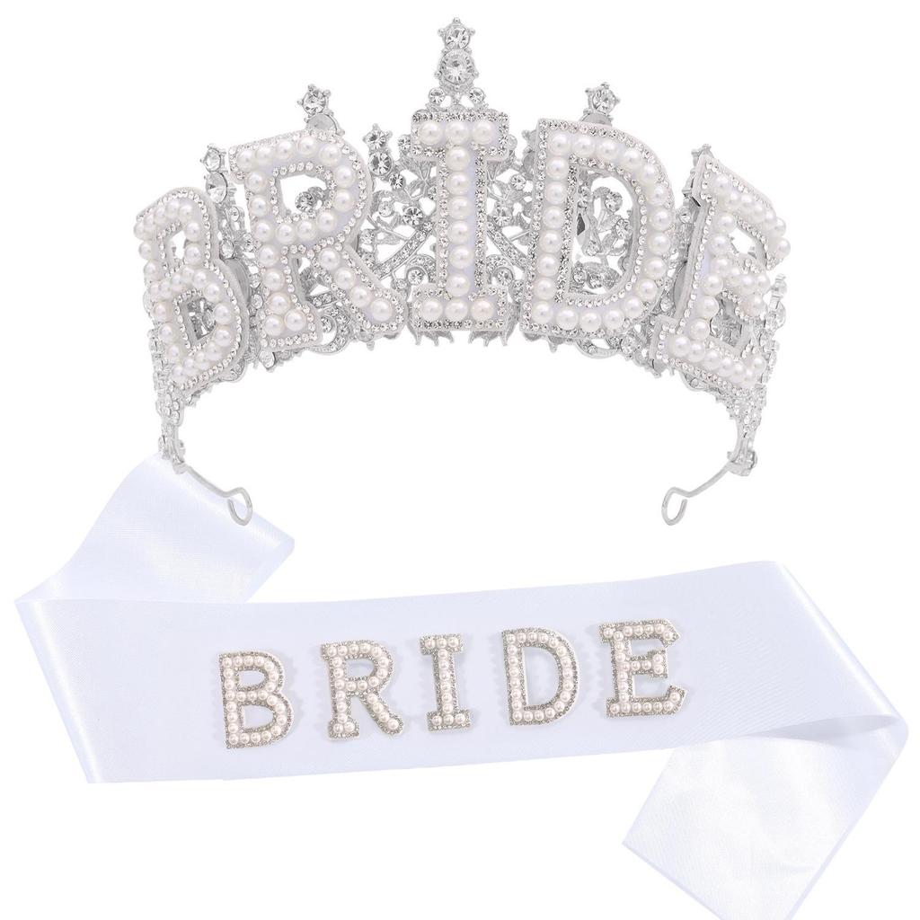 New Crystal Pearl Bride Crown & Headdress for Bachelorette Party with "BRIDE" Sash