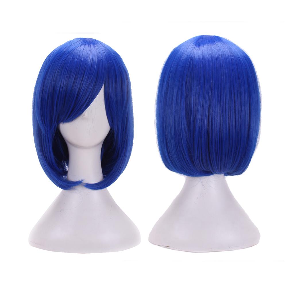 Anime 32cm Medium Basic Synthetic Bang Blond Cosplay Wig Blue Women Heat Resistant Hair Straight Short Bob Wigs with Bangs