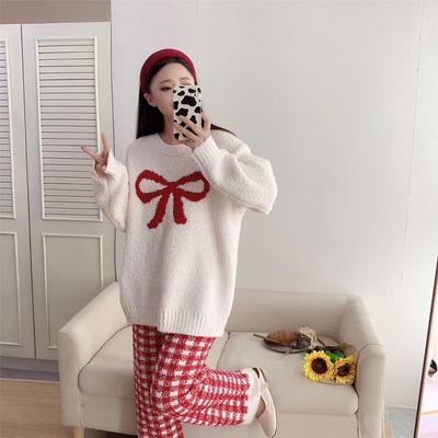 2024 Herbst/Winter Damen Kuscheliger Pyjama-Set - Rundhals-Pullover, Dicke und Niedliche Loungewear für Zuhause