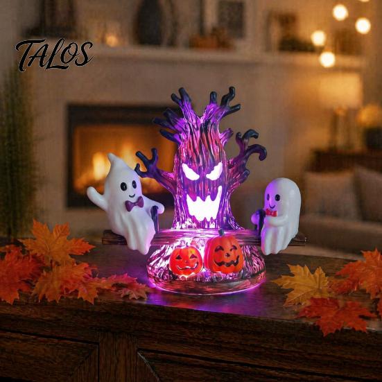 Cute Ghost Seesaw Figurine for Halloween Animated Light, USB Powered 3D Night LED Lightweight Ornament Lamp with Spooky Tree And Pumpkin Design, Decor