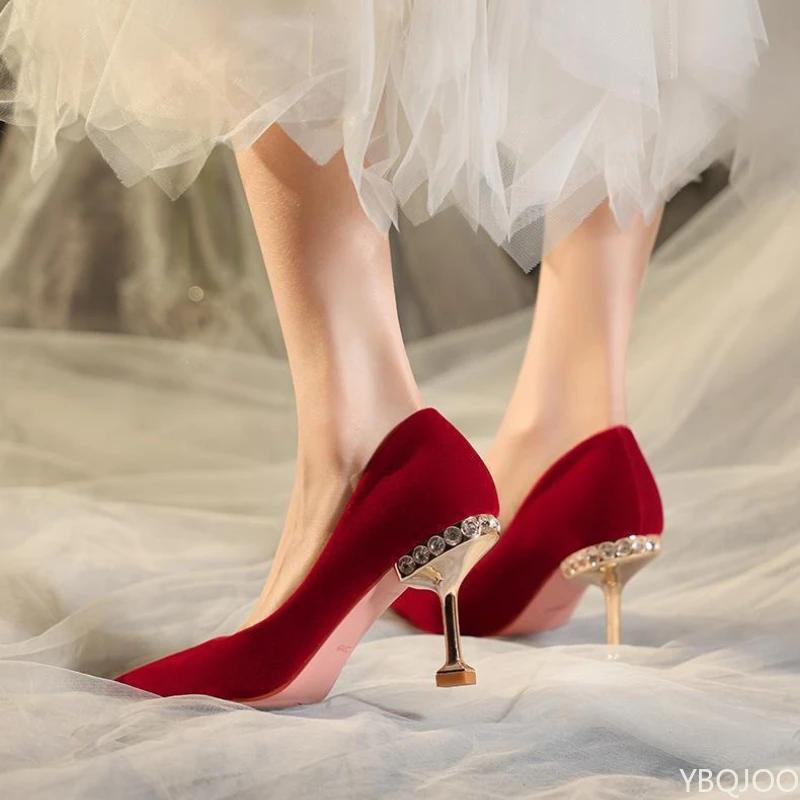 Red Women's High Heels Bride Shoes Sharp Pointed Elegant Pumps Versatile Comfortable Ladies Wedding Shoes Zapatos Mujer