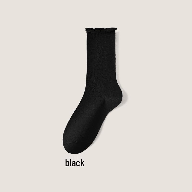 Women's Mid-Calf Cotton Socks: Spring/Autumn Style, Solid Color, Rolled Cuff, Loose Fit, Breathable, Sweat-Absorbent.