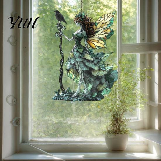 Colorful Light Catchers Stained Glass Style Skeleton Fairy Window Hanging Suncatcher, Acrylic Decorative Ornament with Butterfly Wings Sun Catcher for