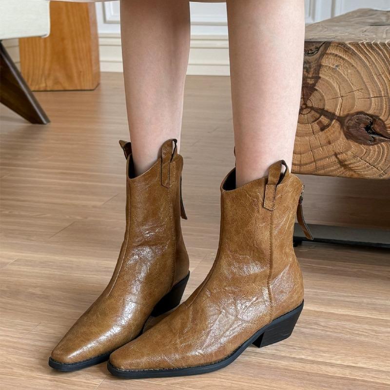 Retro and old, short boots women's new Martin boots V-mouth bare boots pointed brown thick heel western cowboy boots