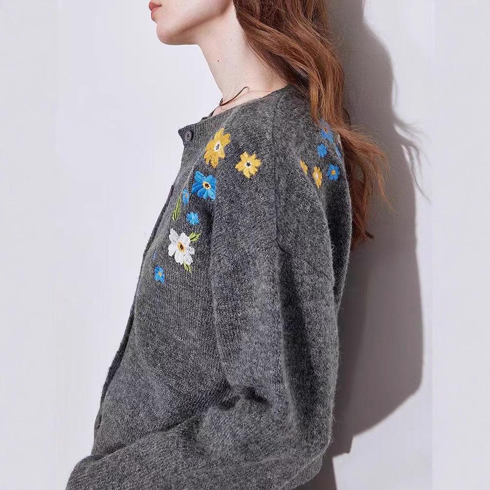 Sweater Cardigan Women's Spring and Autumn Flower-embroidered Knitted Cardigan Casual Loose Sweater Coat Top
