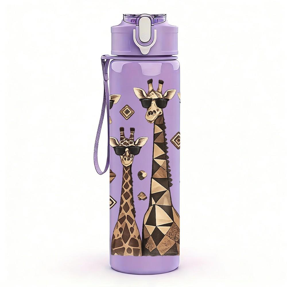 1PC Giraffe Family Sketch Art Print 750ml Color Plastic Sports Water Bottle Leakproof Flip Straw Lid Suitable for Sports Office Home Use