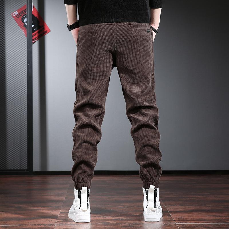 Brown casual pants men's trendy brand loose leggings spring and autumn new plaid corduroy pants men's velvet