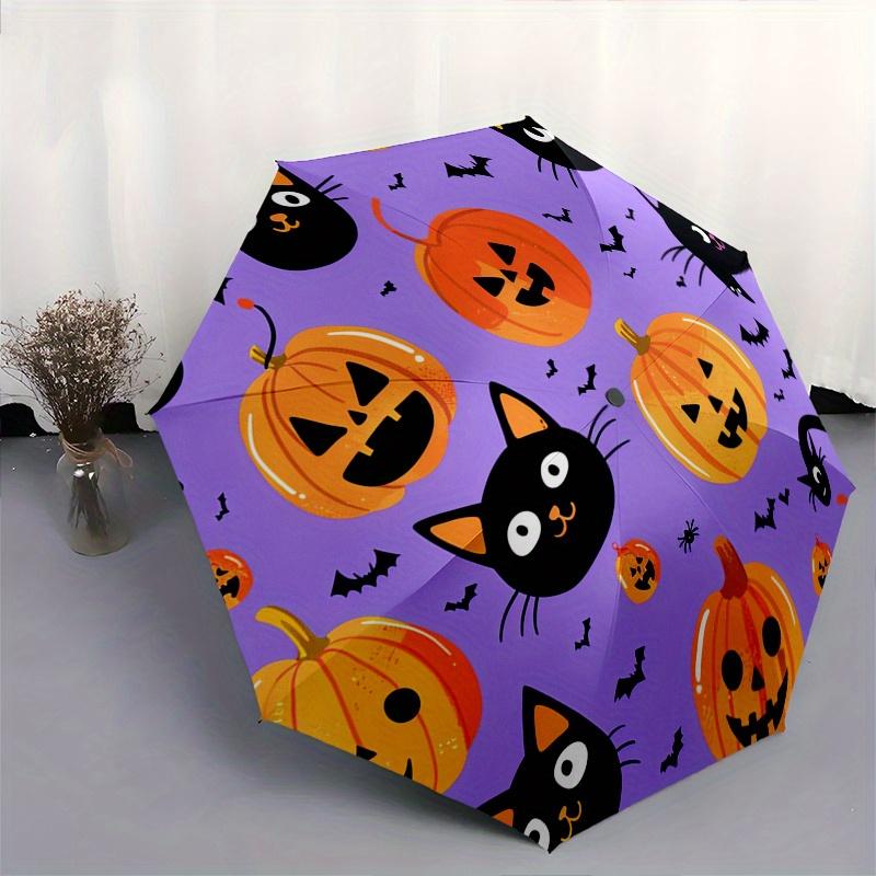 Halloween, Black Cat Theme Automatic Open/Close Fashion Umbrella Creative Design Umbrella, Portable 3 Fold Compact Umbrella for Men & Wome