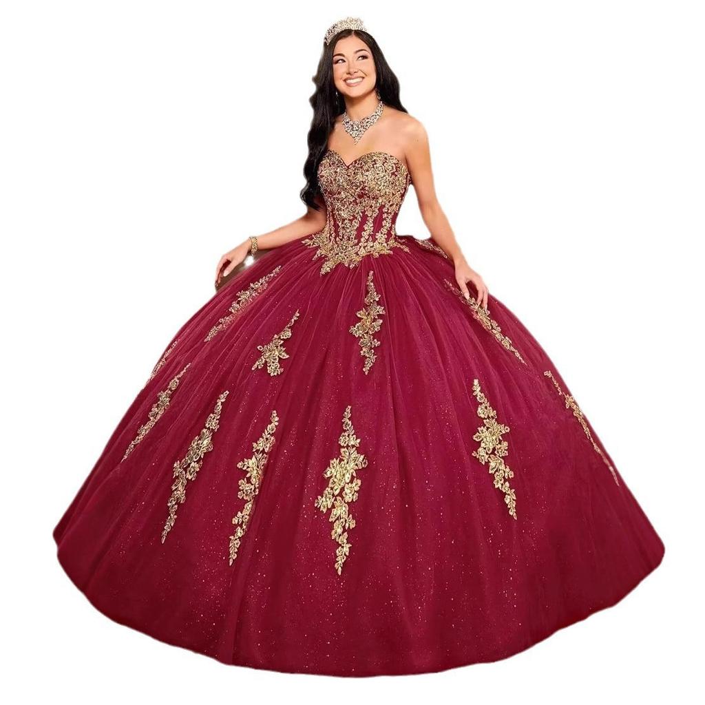 Gold Lace Applique Adult Dress Fluffy Strapless Tube Top Tulle Ball Dress Glitter Princess Dress Dress