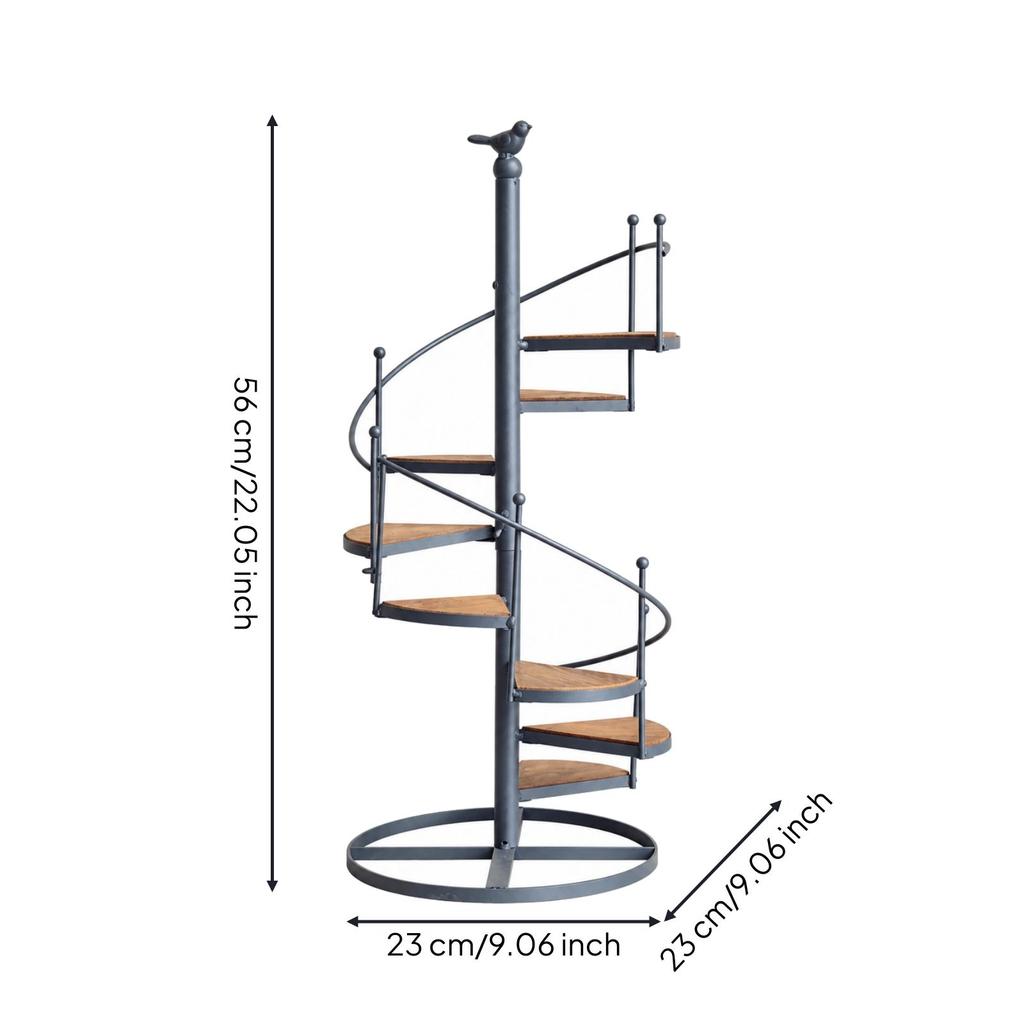 Spiral Stair Plant Stand Freestanding Iron with WoodGrain Shelves MultiTier for Balcony,