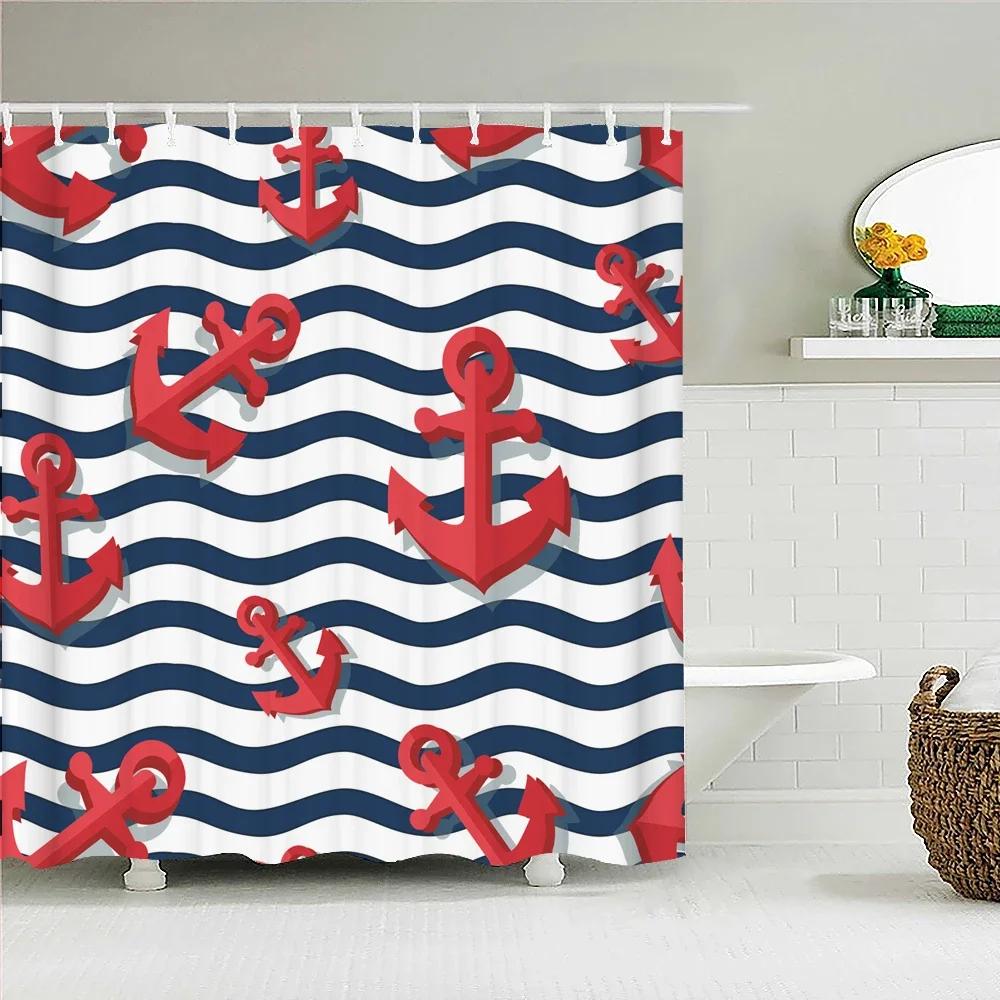 Waterproof Frabic Shower Curtains Nordic Style Mediterranean Nautical Anchor 3D Printed Bathroom Curtain Polyester Bath Curtain