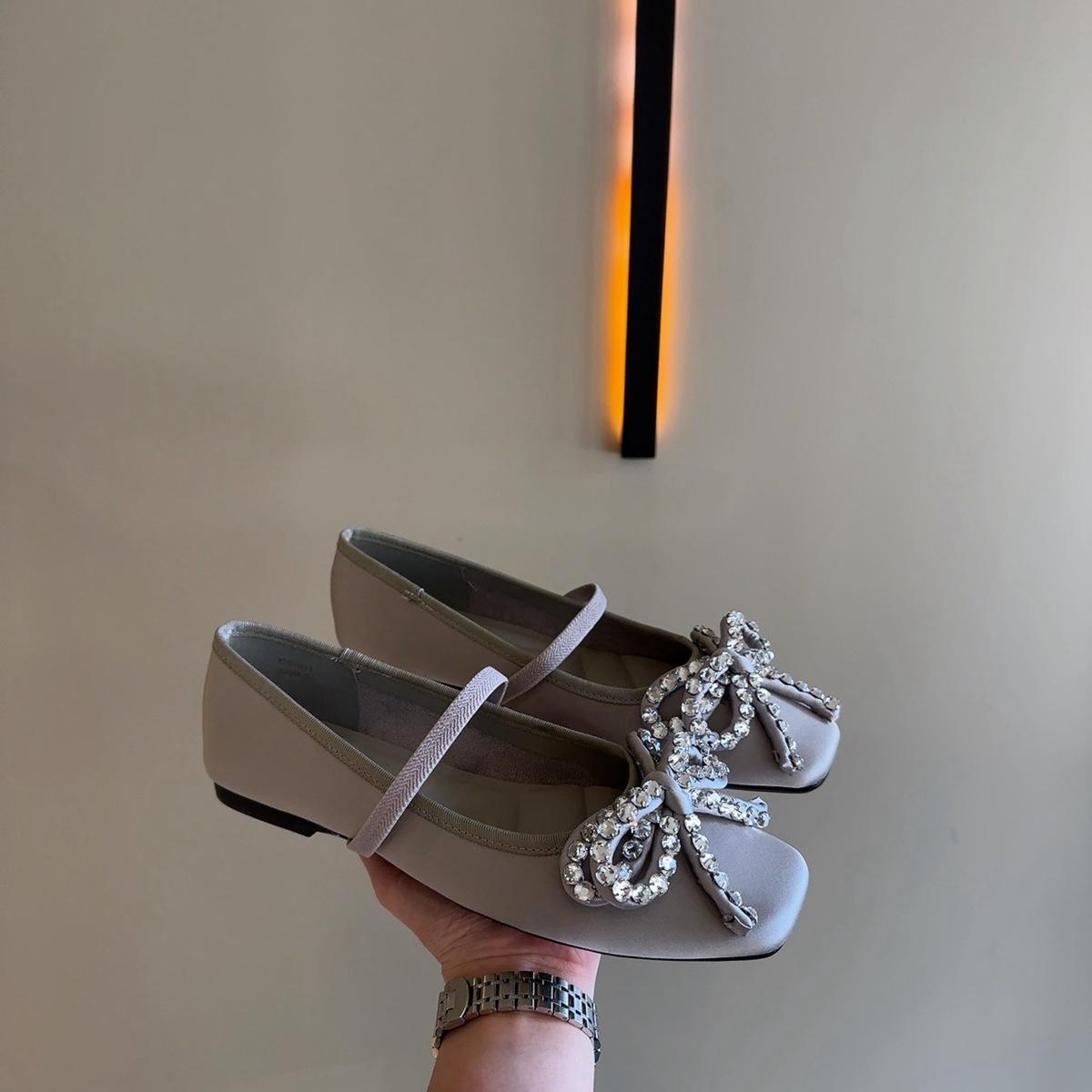 

French rhinestone bow square head satin single shoes women s spring 2025 new versatile one-word belt ballet shoes 40