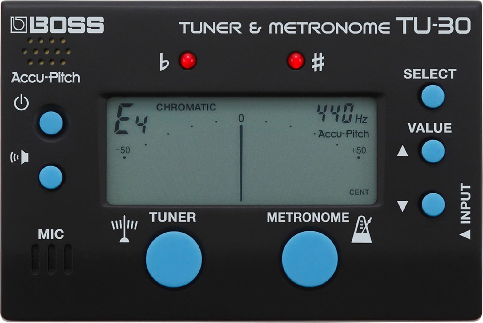 BOSS TU-30 Chromatic Tuner and Metronome with Built-in Microphone Input for Guitar Bass Acoustic Instruments Powered by 2 AAA Batteries Standard Pitch