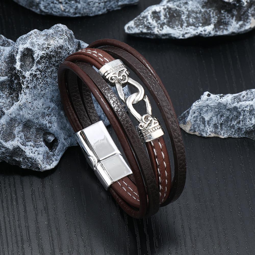 

Vintage Braided Leather Rope Bracelet Multi Layer Linear Loop Magnetic Clasp Mens Wristband Stylish Gift темно-коричневого кольору