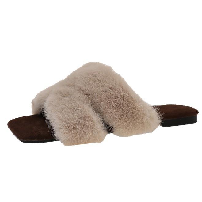 Retro Beige Square Head Fluffy Shoes for Women's Outer Wear 2025 Autumn New Plush Lazy Shoes Crossed with Cotton Slippers