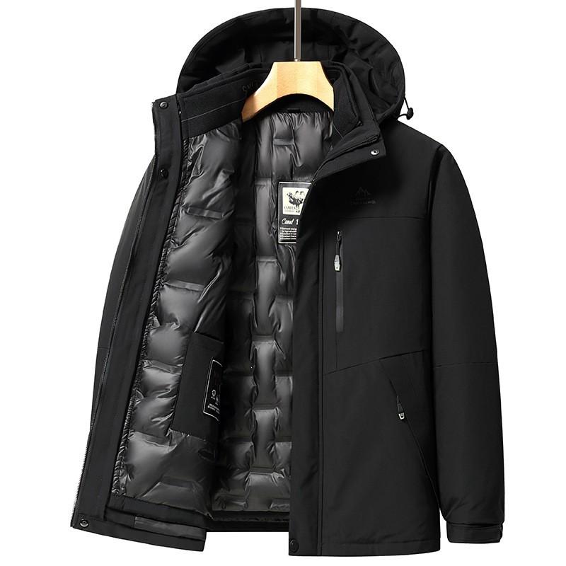 Mens 50% Down Fill Lightweight Outdoor Jacket With Hood Removable Liner Windproof Machine Washable Cold Weather