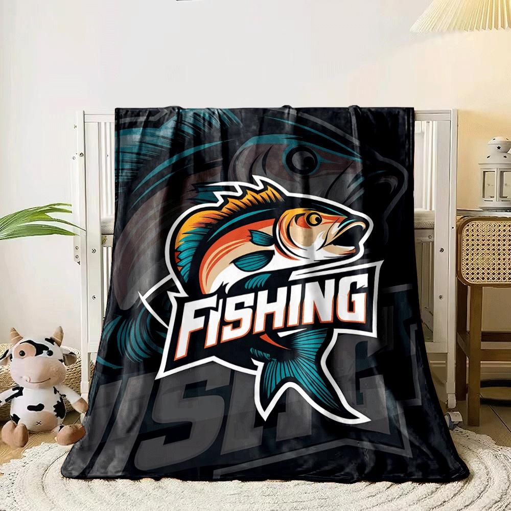 A vibrant fish illustration with "FISHING" text in bold, dynamic style. for all seasons blanket lunch break throw gift
