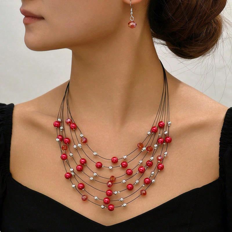 Set di Gioielli da Donna Collana e Orecchini Multi-strato di Perle Versatile Temperamento Stile Europeo Americano Famoso