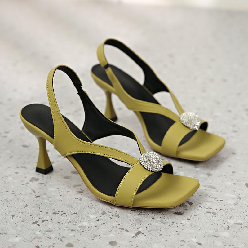 2025 Summer New with Skirt Square Head Fashion Sandals Women's Korean Version High Heel Thin Heel Elegant French Rhinestone Women's Shoes