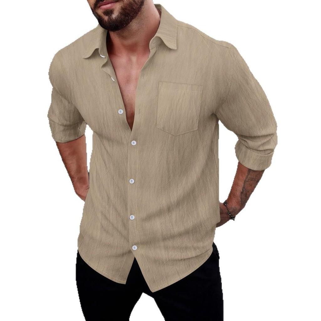 Spring/Autumn New Arrival Shirt Long-sleeved Collared Breathable Casual Men's Linen Pocket Shirt
