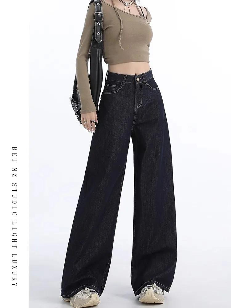 

**Женские джинсы на осень 2025 года, зауженные, с высокой посадкой, темно-синие, широкие от бедра** XXL темно-синий